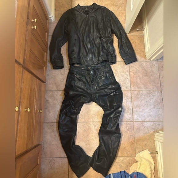 Black Leather Jacket and Pants Set - Picture 1 of 5